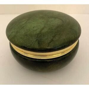 Vintage Green Marbled Hinged Vanity Brass Colored Rim 3 1/4"d x 2"h